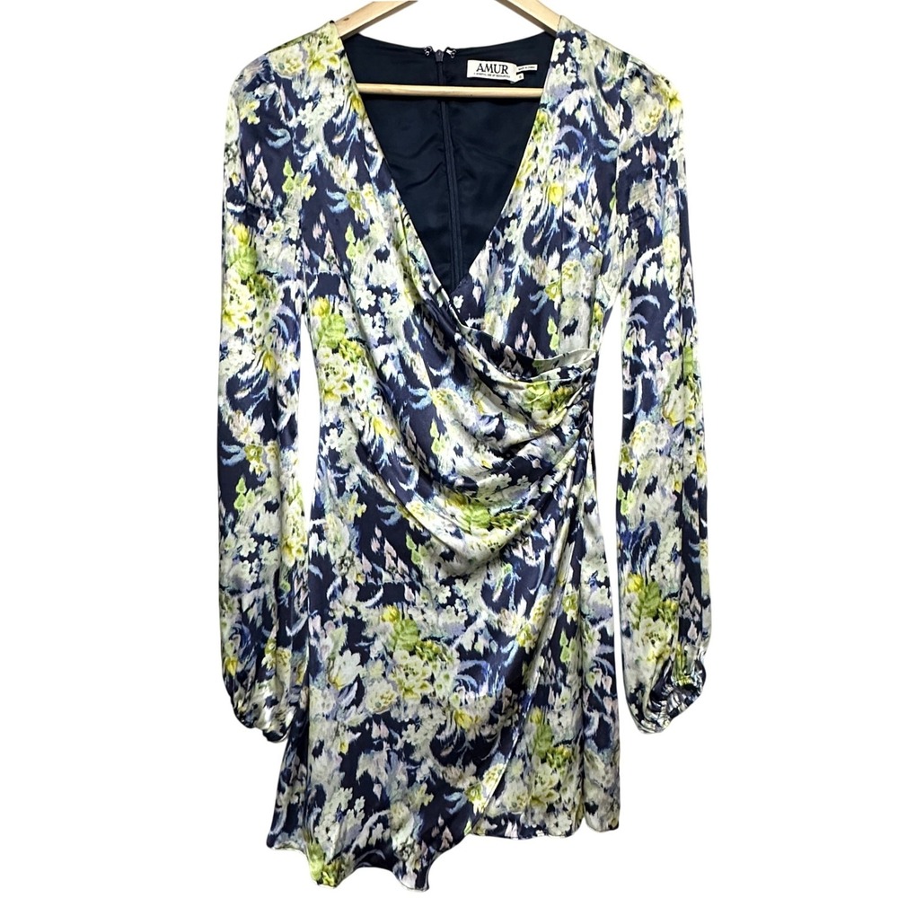 AMUR Fran Floral Silk Mini Dress Womens 0 Puff Sleeve Ruched Party Feminine‎